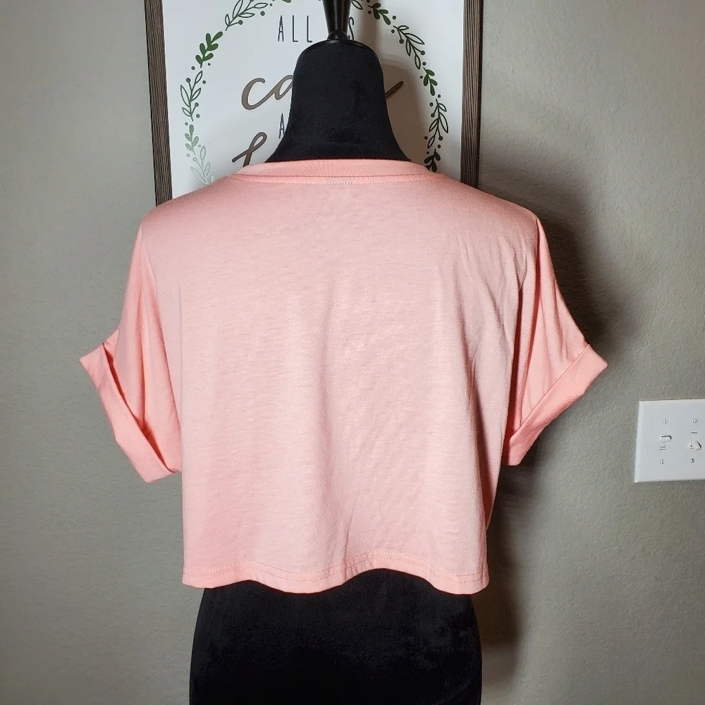 SHEIN Batwing Sleeve Pocket Patched Crop Tee Coral Pink Size Medium NWOT - Picture 9 of 16